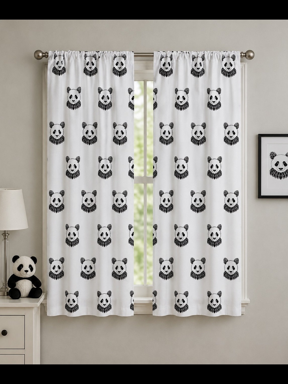 Kids Panda Print 2 Piece Curtain Panels - White and Black
